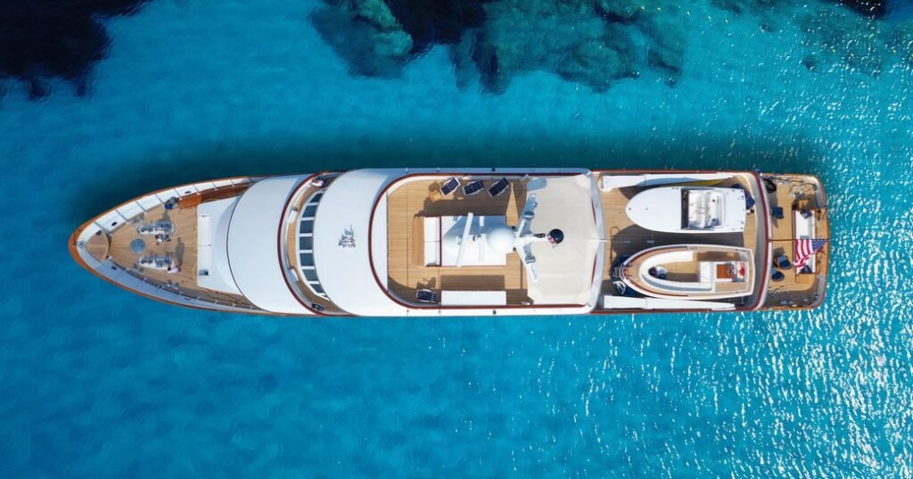 A superyacht under way, seen from above